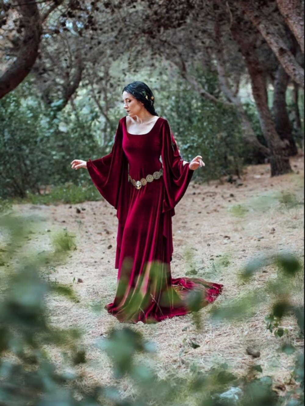 CostureroReal Velvet Dress Burgundy Long Sleeve Elven Medieval Renaissance Gown